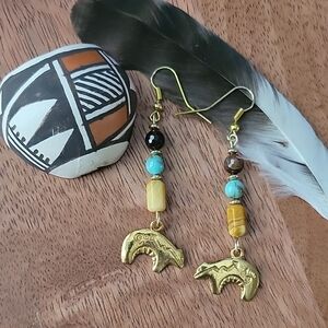 Southwestern Yellow Jasper Turquoise Gold Bear Charm Brown Agate Earrings Boho
